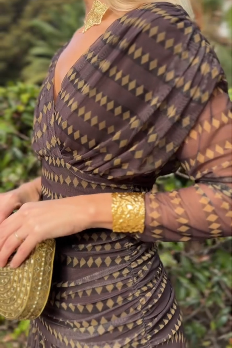 Bohemsk mønstret V-hals nett maxi-kjole