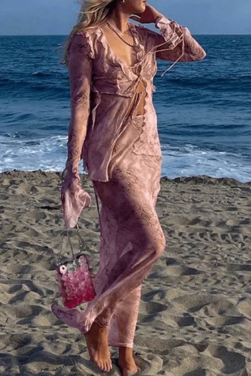 Cobra blus trä örontryck lång kjol kostym två delar