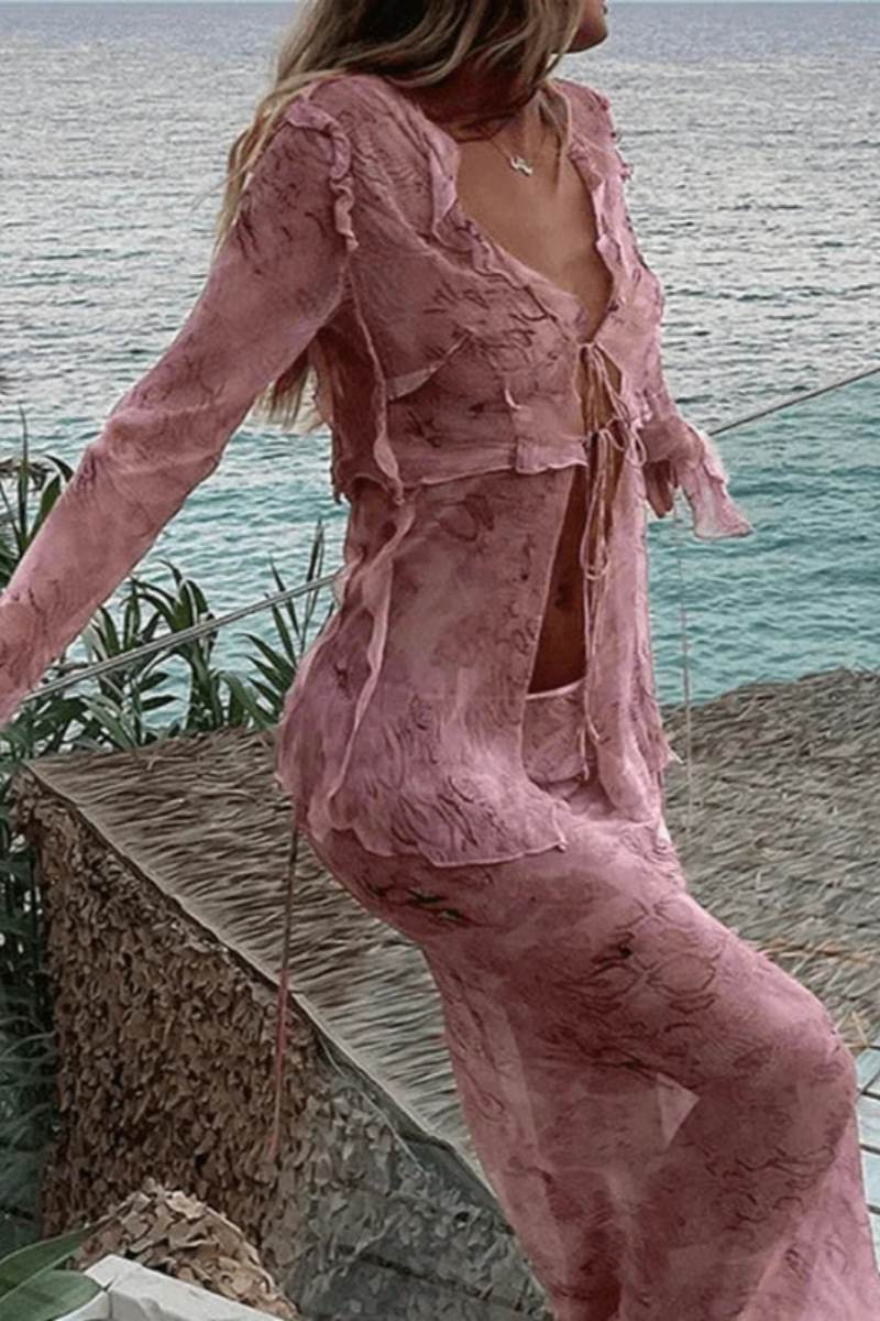 Cobra blus trä örontryck lång kjol kostym två delar