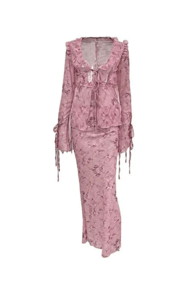 Cobra blus trä örontryck lång kjol kostym två delar