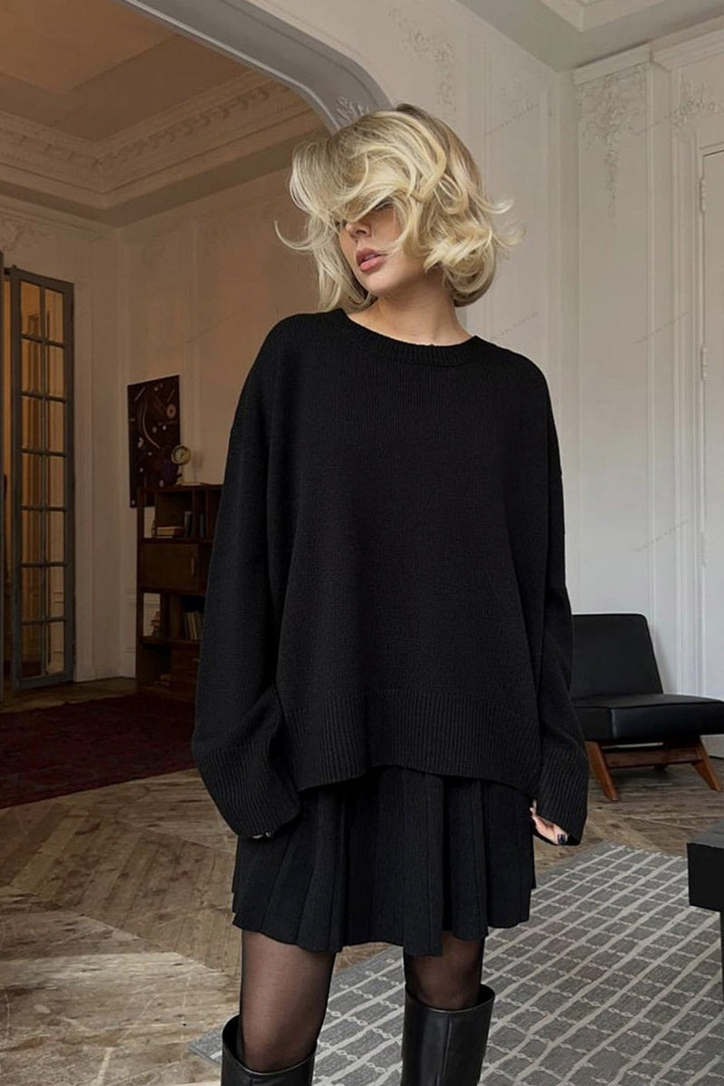 Ensemble pull à col rond et jupe plissée de couleur unie