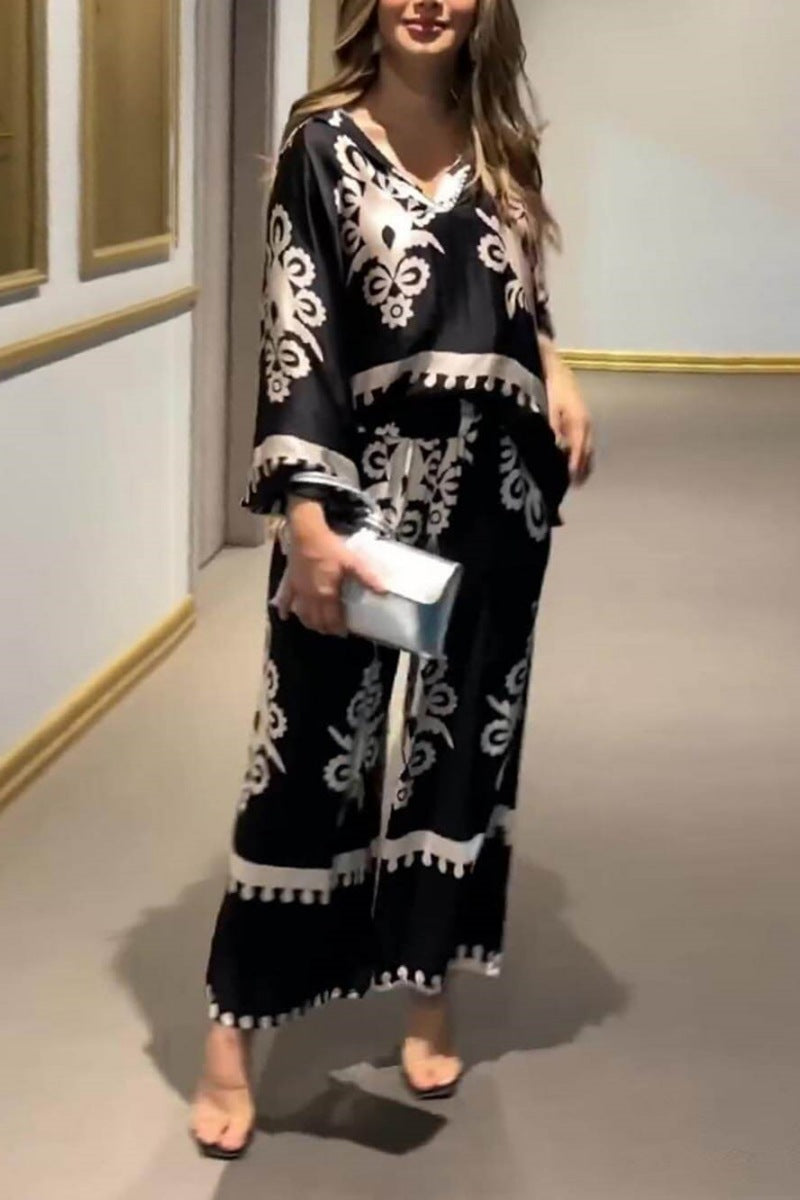 Unique Print Irregular Long Sleeve Top Long Pants Set