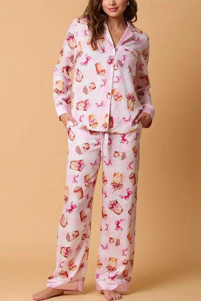 Bowknot Milk Tea Print Pajama Set Long Sleeve Shirt