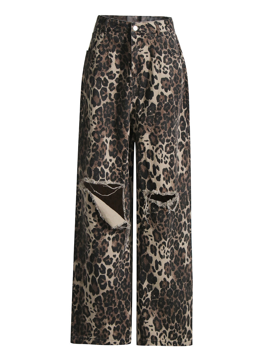 Jeans vintage a vita alta con stampa leopardata, gamba dritta e strappi