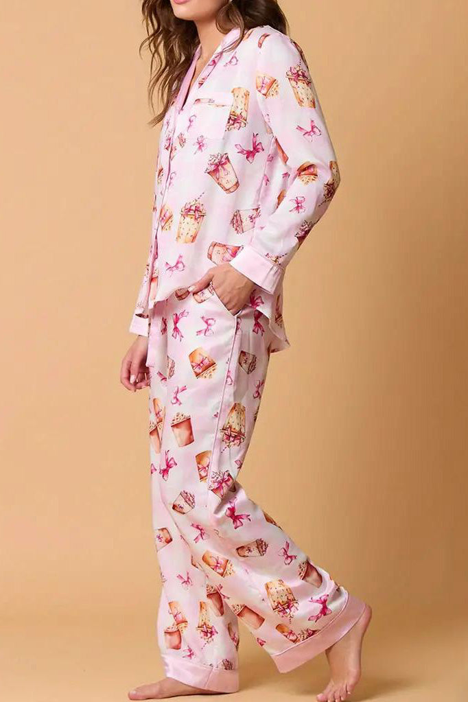 Bowknot Milk Tea Print Pajama Set Long Sleeve Shirt