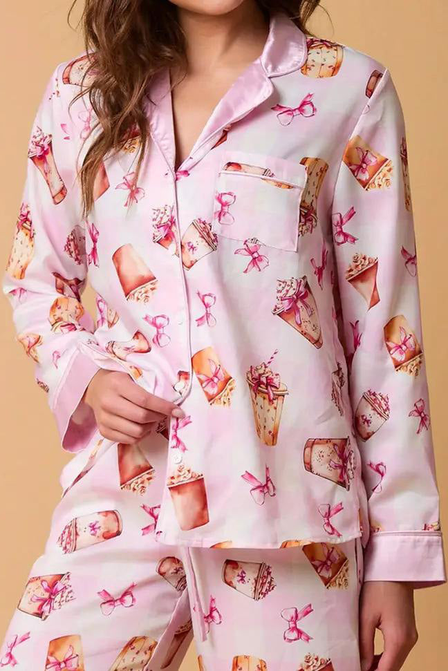 Bowknot Milk Tea Print Pajama Set Long Sleeve Shirt