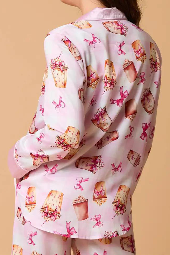 Bowknot Milk Tea Print Pajama Set Long Sleeve Shirt