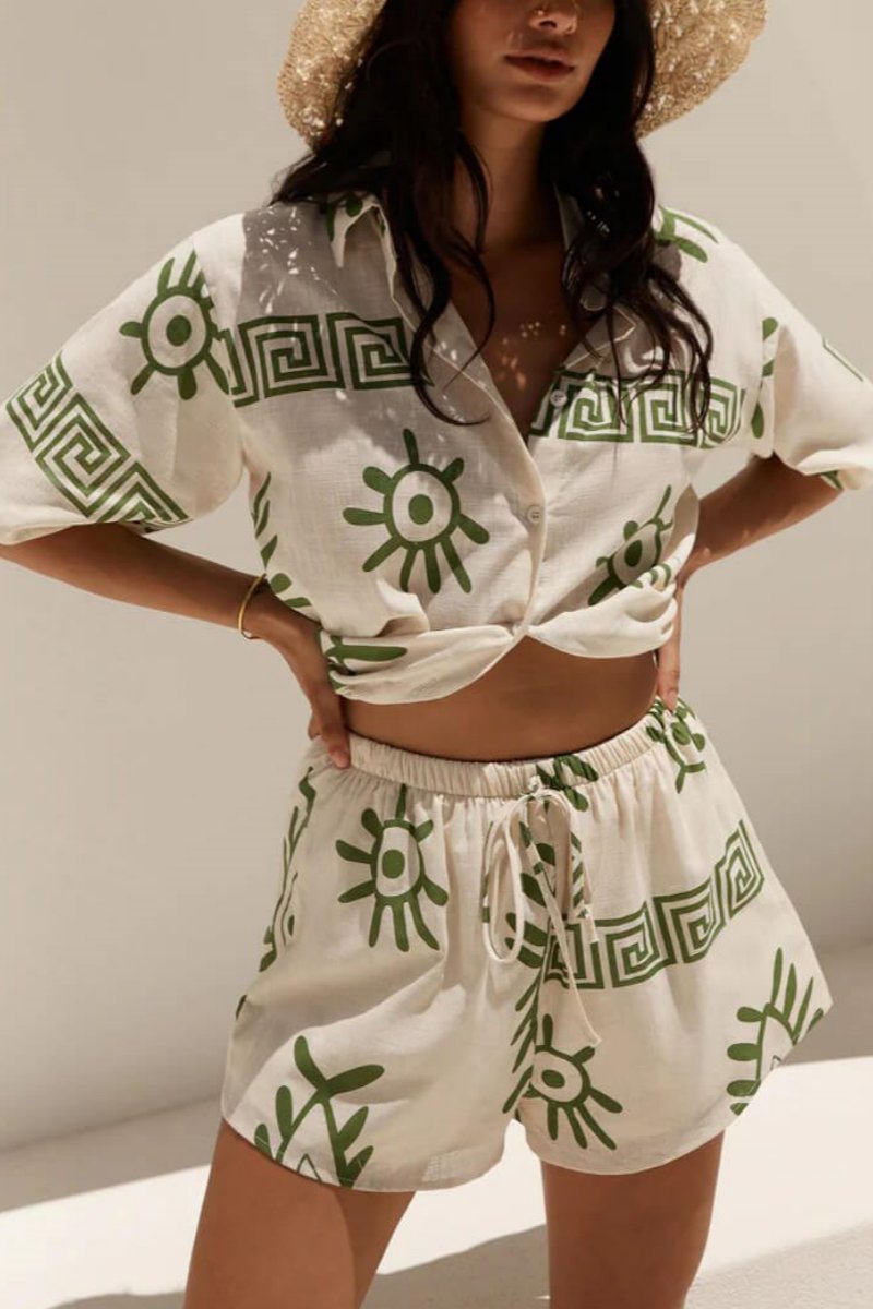 Conjunto de Dois Peças com Calções Soltos Estampados para Diversão nas Férias