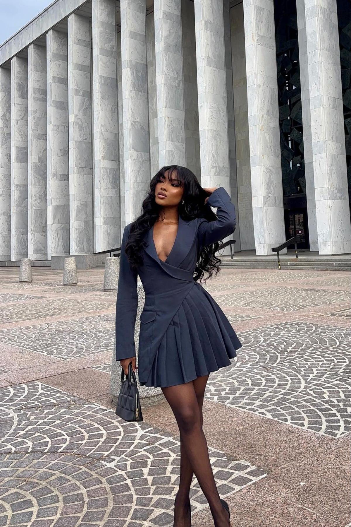 Plunging Neckline Pleated Blazer Mini Dress
