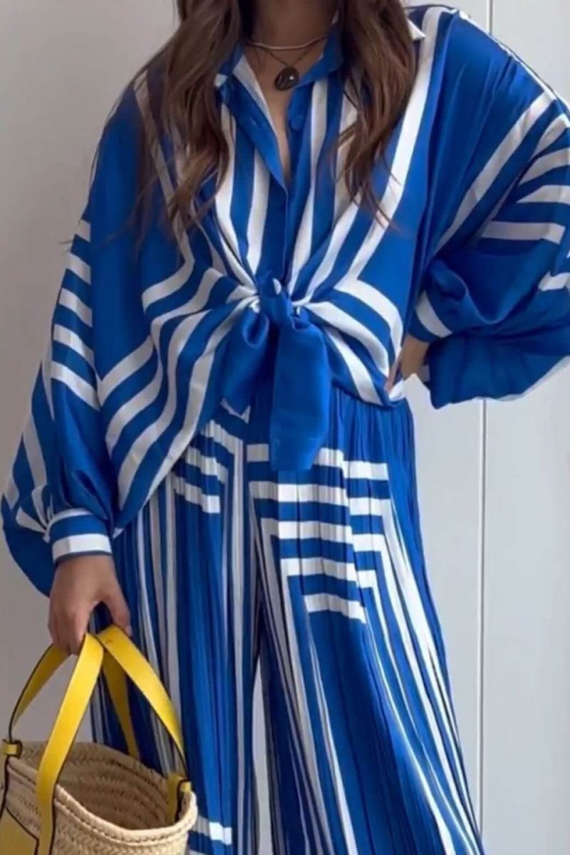 Geometric Striped Print Long Sleeve Shirt & Wide Leg Pants Sets