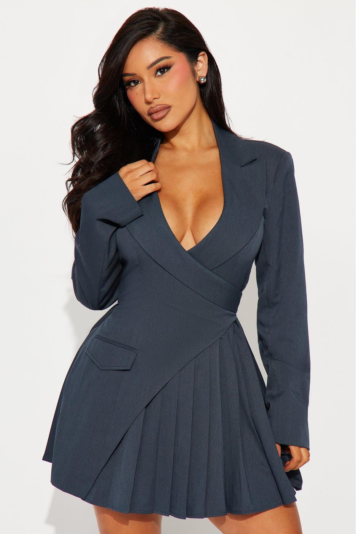 Plunging Neckline Pleated Blazer Mini Dress