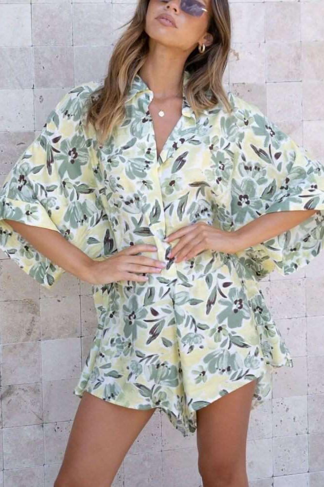 Blue Floral Tied Shirt Romper