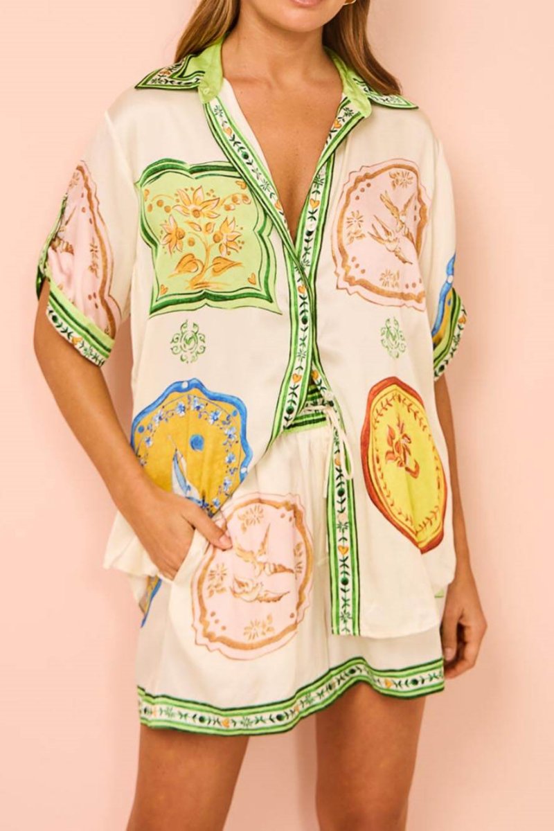 Cream Unique Ethnic Print Shirt Shorts Set