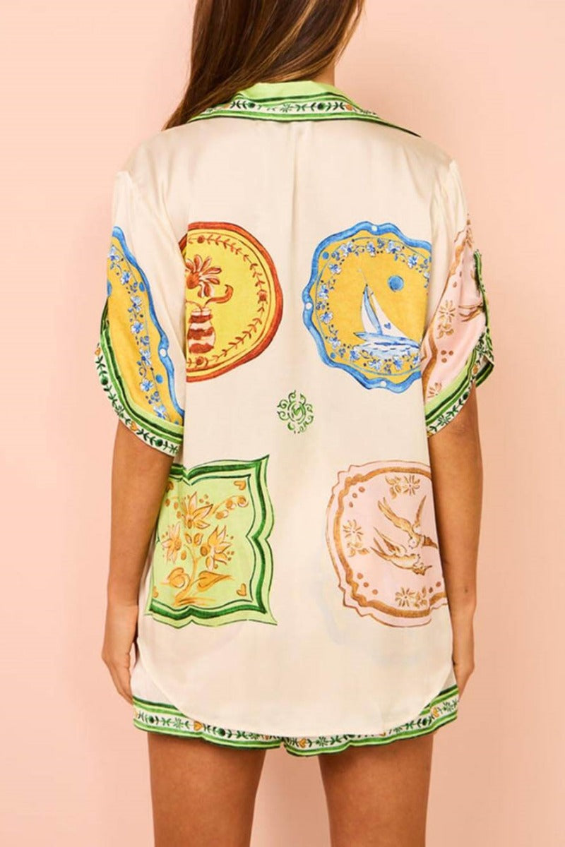 Σετ Κοντομάνικο Πουκάμισο και Σορτς με Μοναδικό Εθνοτικό Σχέδιο σε Κρεμ Χρώμα