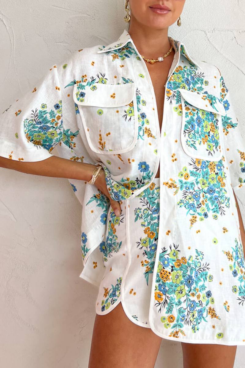 フローラルプリント アイボリートリム ポケット付きブラウスとバックエラスティックショーツセット
