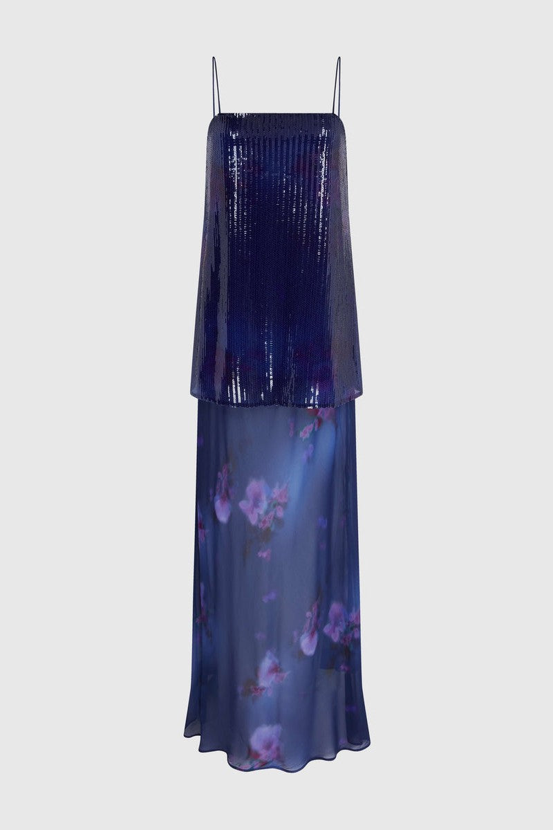 Sequined Camisole Floral Print Maxi Dress