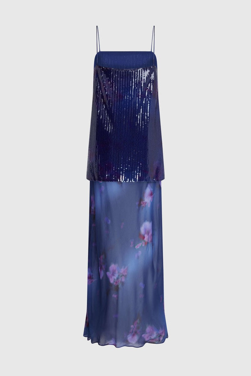Sequined Camisole Floral Print Maxi Dress