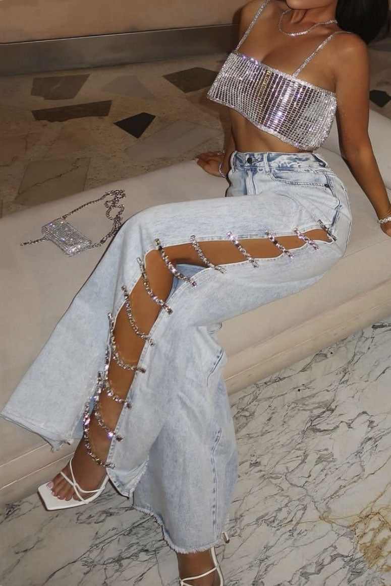 Pantalon en jean à fente latérale orné de strass style années 2000