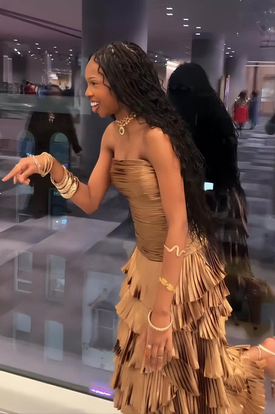 Bronze Metallic Tiered Strapless Midi Dress