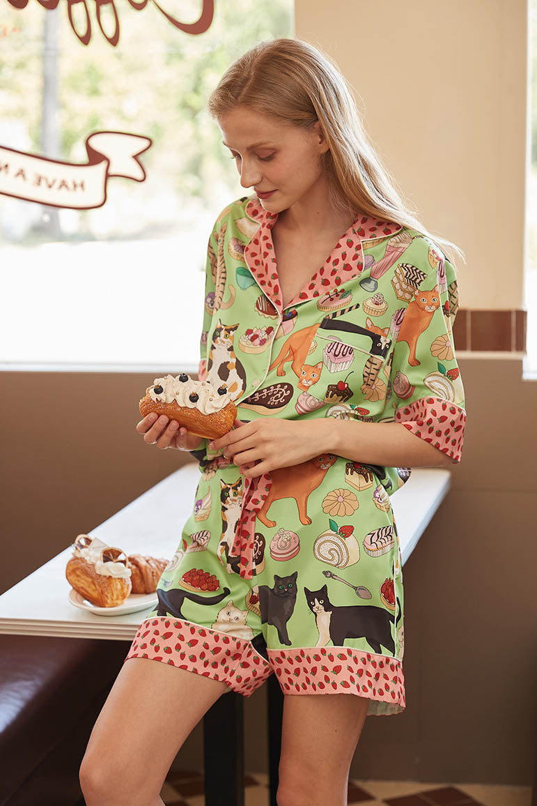 Kaffe Cat Shorts Pyjamas sæt