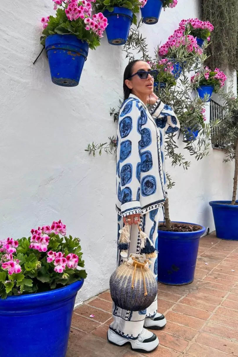 アーティスティックブルーフローラル襟付きセット