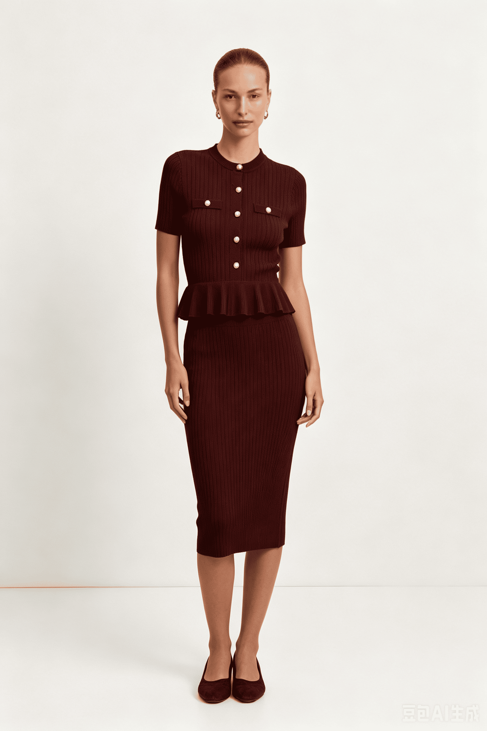 Bordeaux Kabelstréck Peplum Midi-Kleed