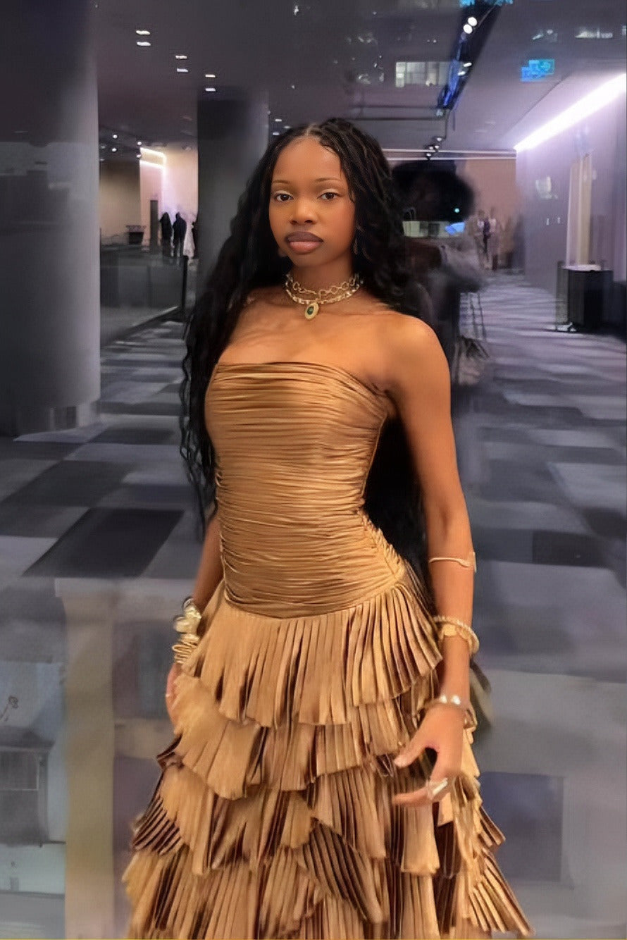 Bronze Metallic Tiered Strapless Midi Dress