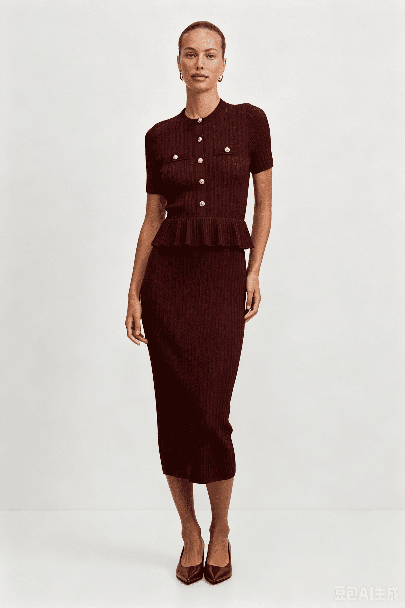 Bordeaux Kabelstréck Peplum Midi-Kleed