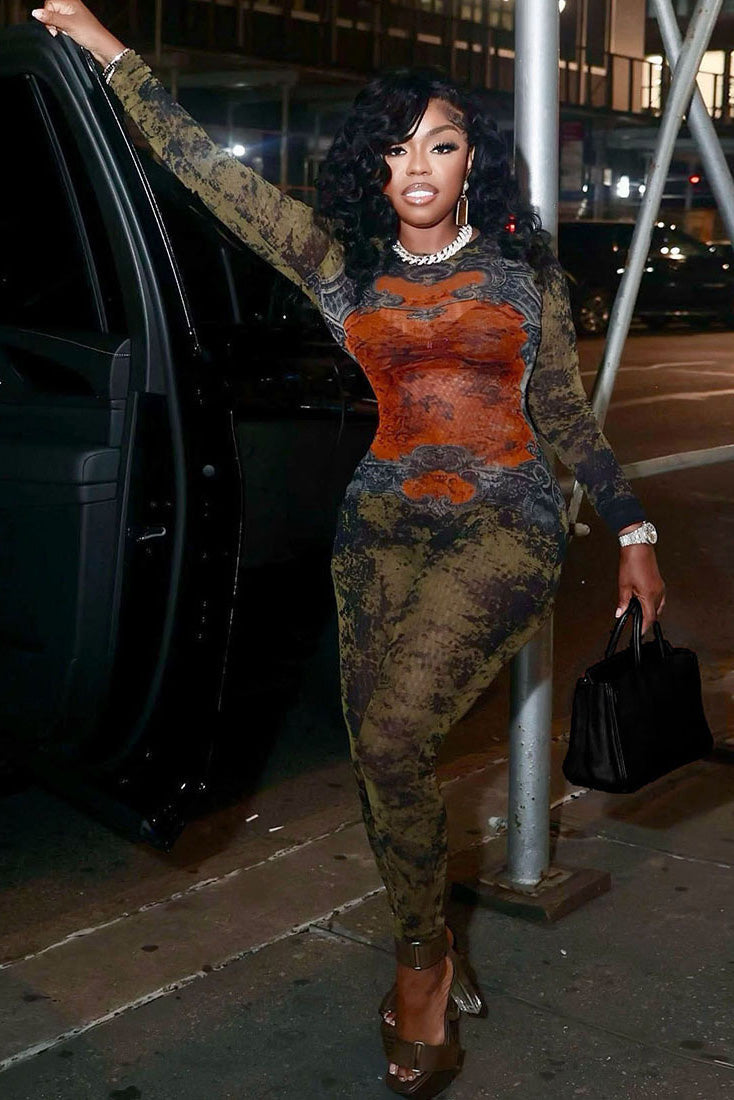 Edgy barokk kamuflasje gjennomsiktig jumpsuit