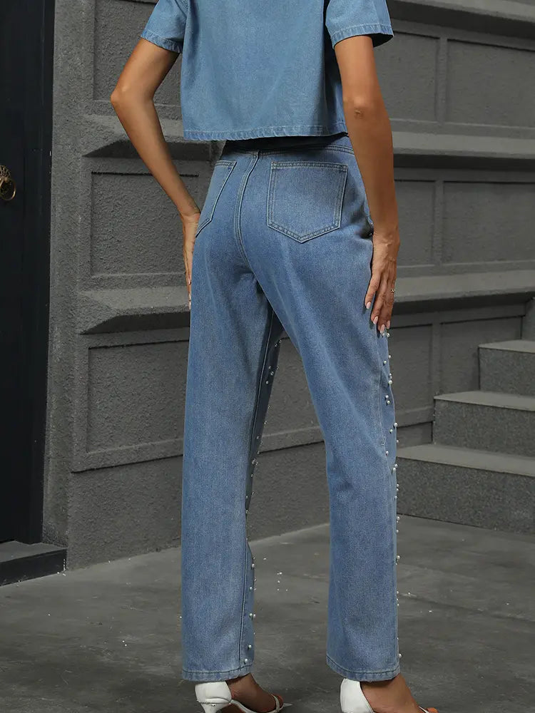 Hierscht-Jeans mat geradem Been a Perlen-Akzenter
