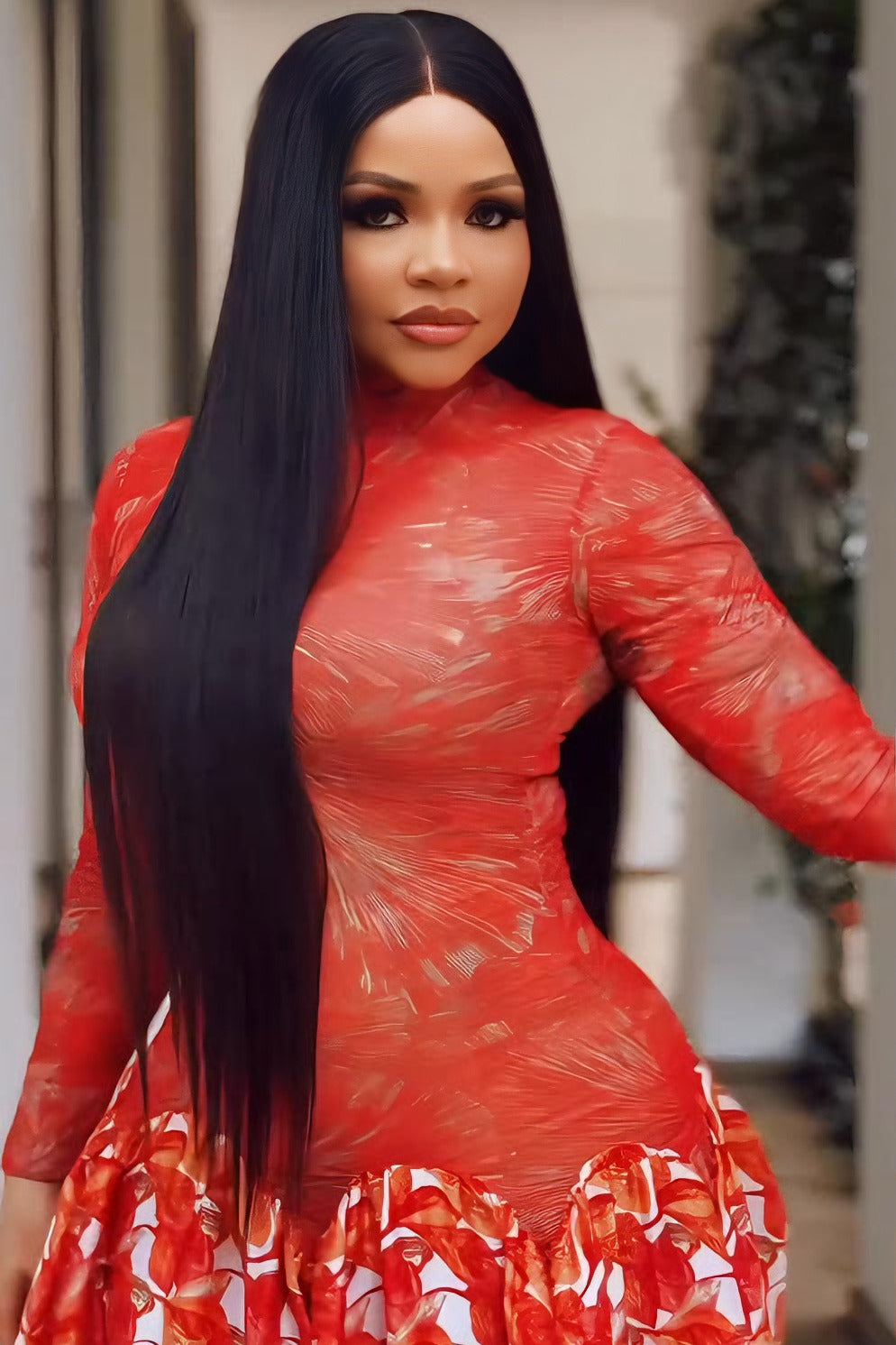 Livfull röd genomskinlig blommig maxiklänning