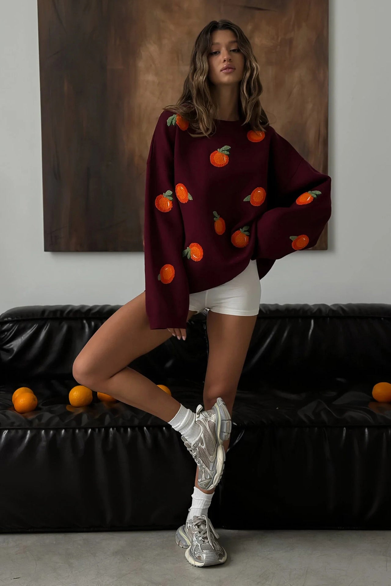 Girls' Orange Flocked Knit Sweater