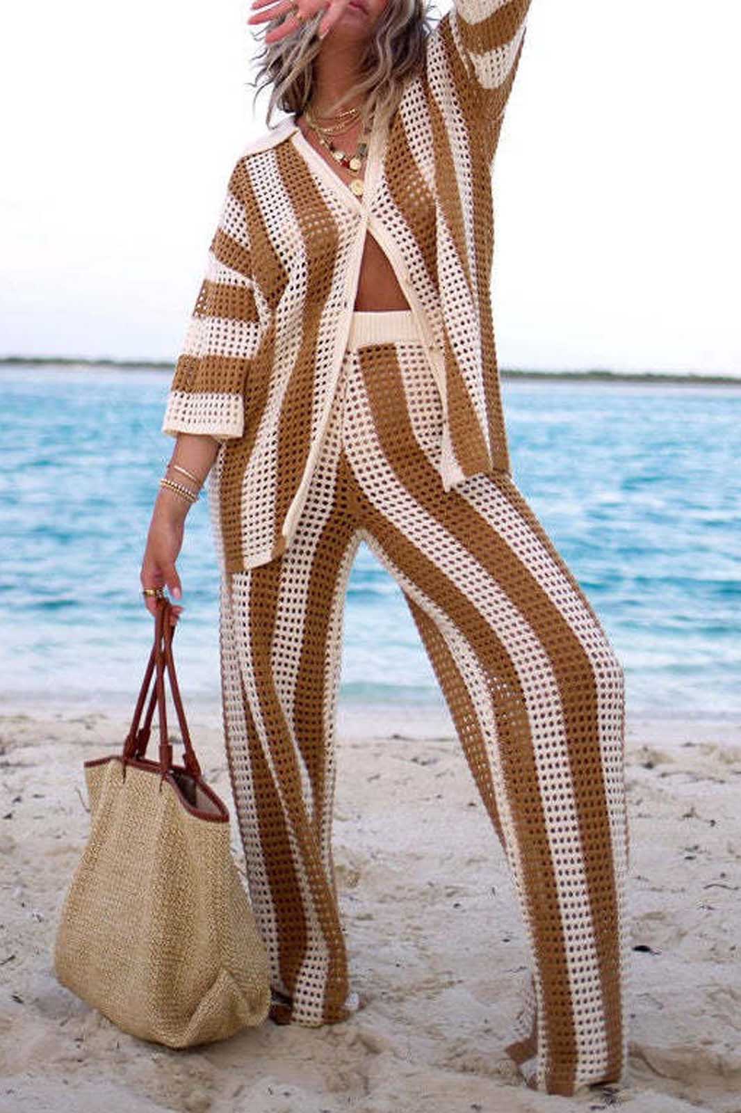 Ensemble tricoté chemise rayée ajourée