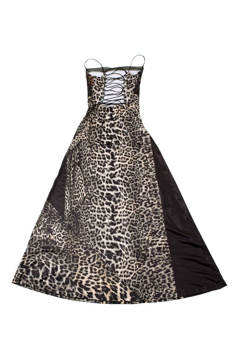 Rochie maxi cu corset transparent și model leopard sălbatic