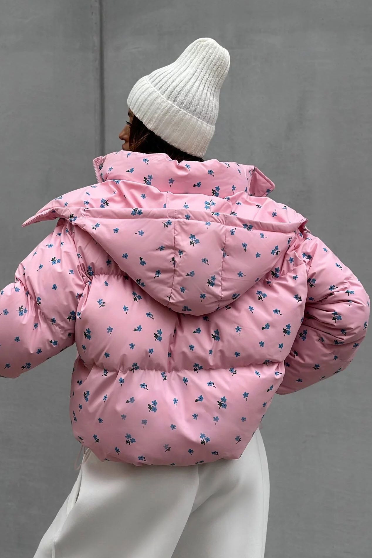 Floral Print Puffer Jacket with Hood