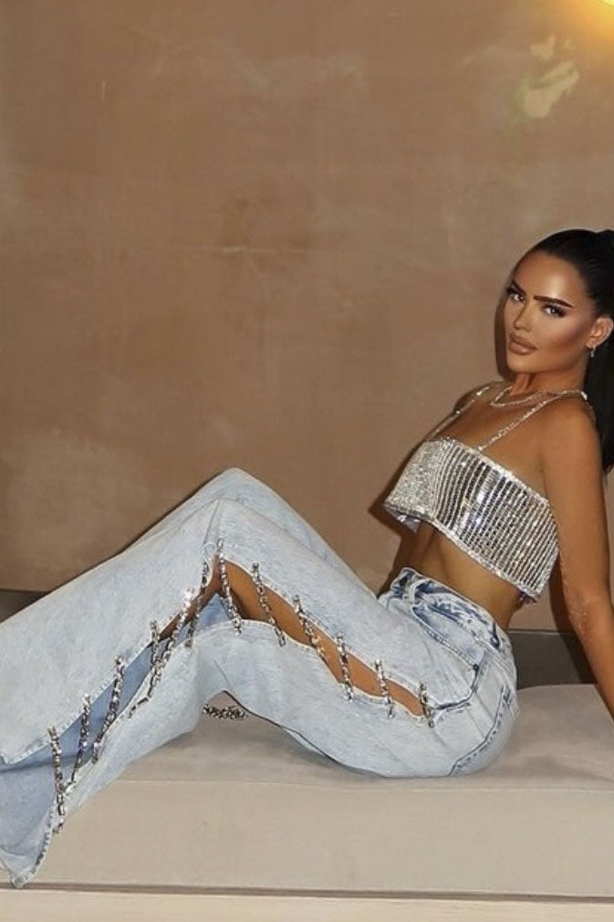 Pantalon en jean à fente latérale orné de strass style années 2000