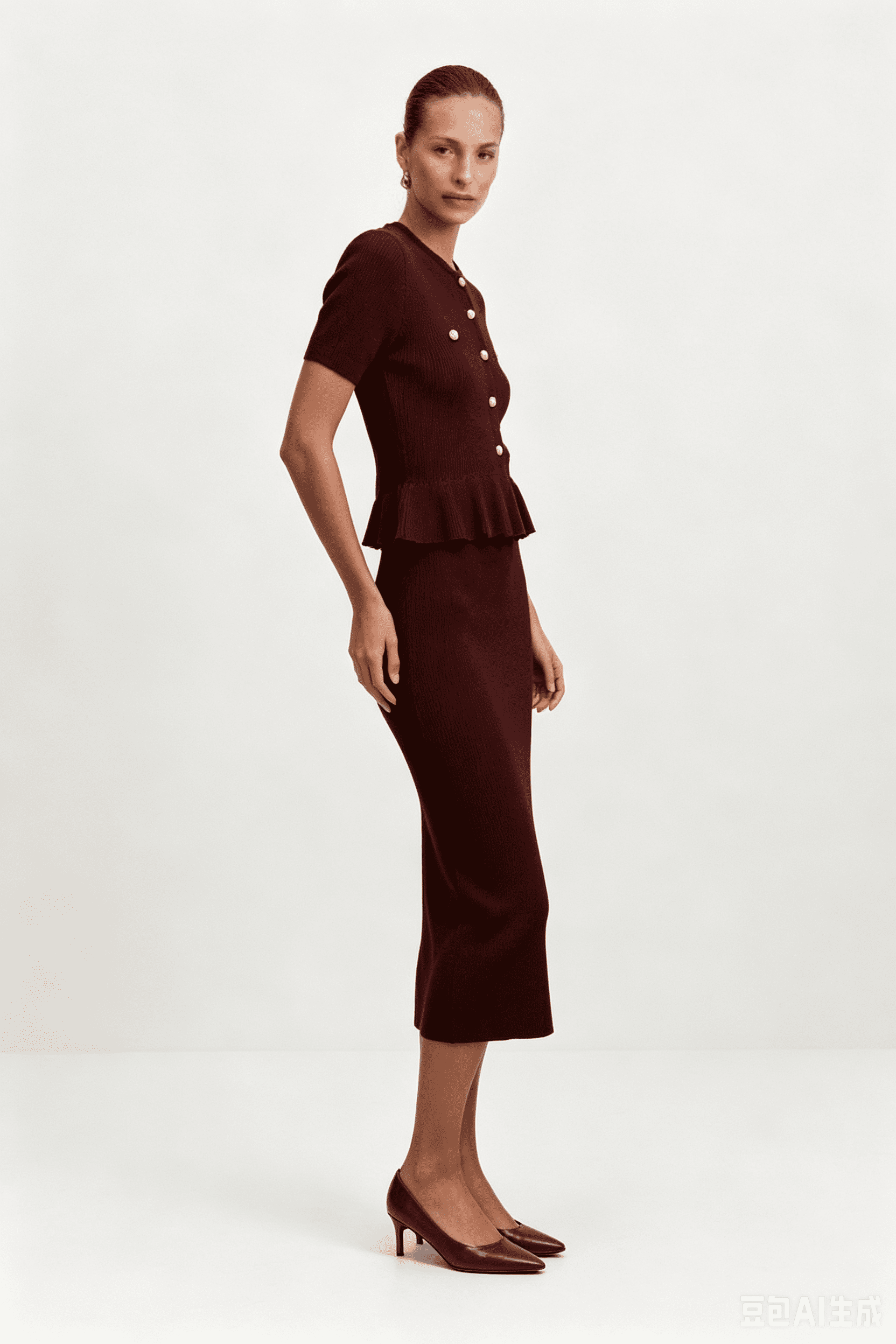 Bordeaux Kabelstréck Peplum Midi-Kleed