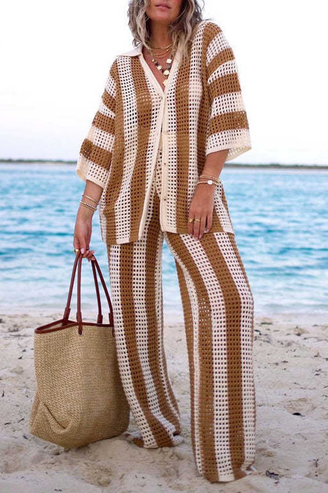 Ensemble tricoté chemise rayée ajourée