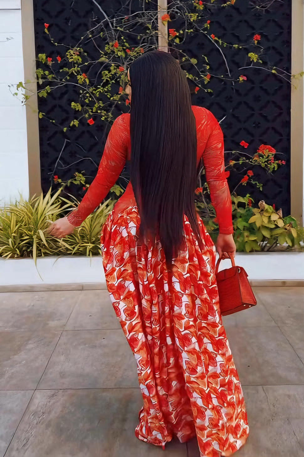 Vibrant Red Sheer Floral Maxi Dress