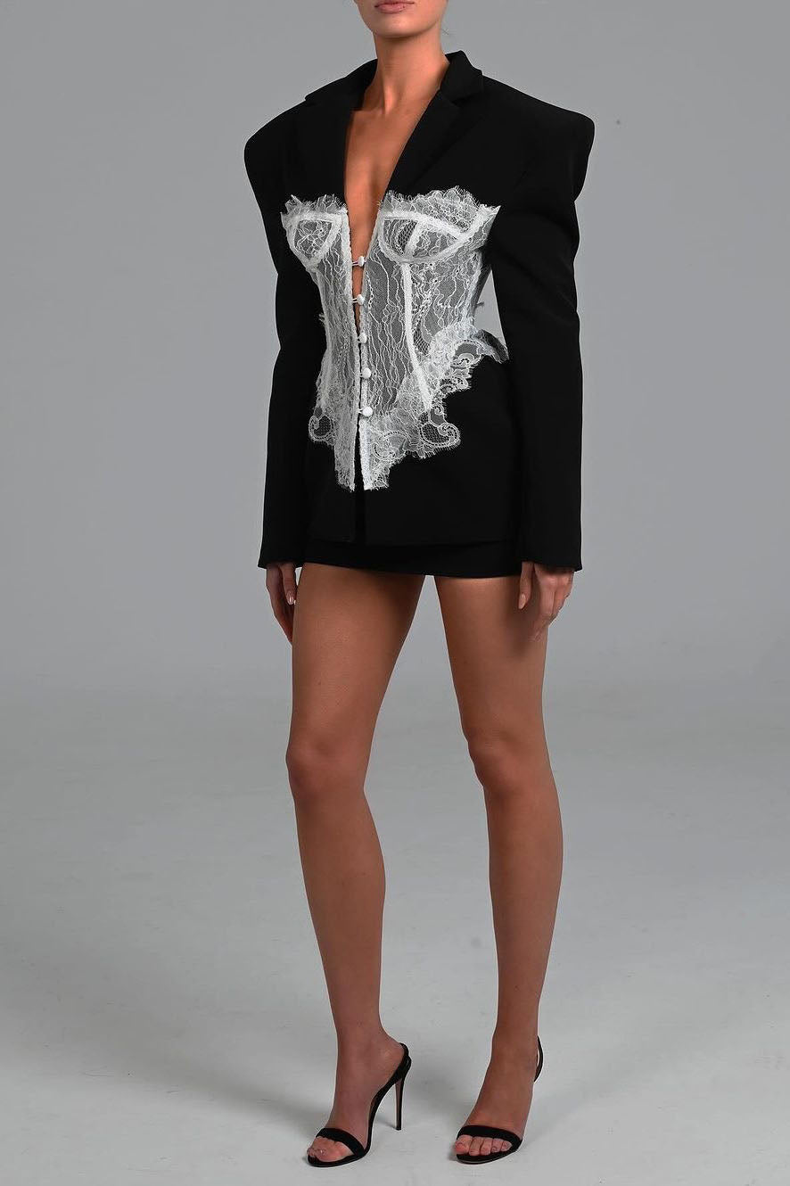 French Lace Cinch Blazer Mini Dress