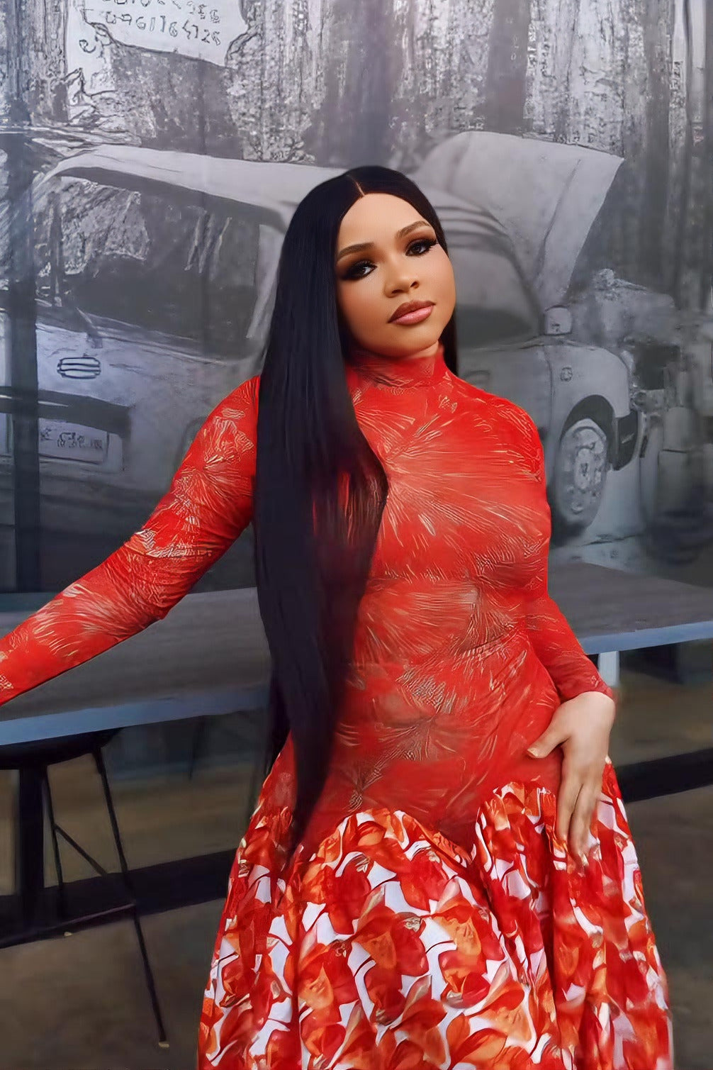 Vibrant Red Sheer Floral Maxi Dress