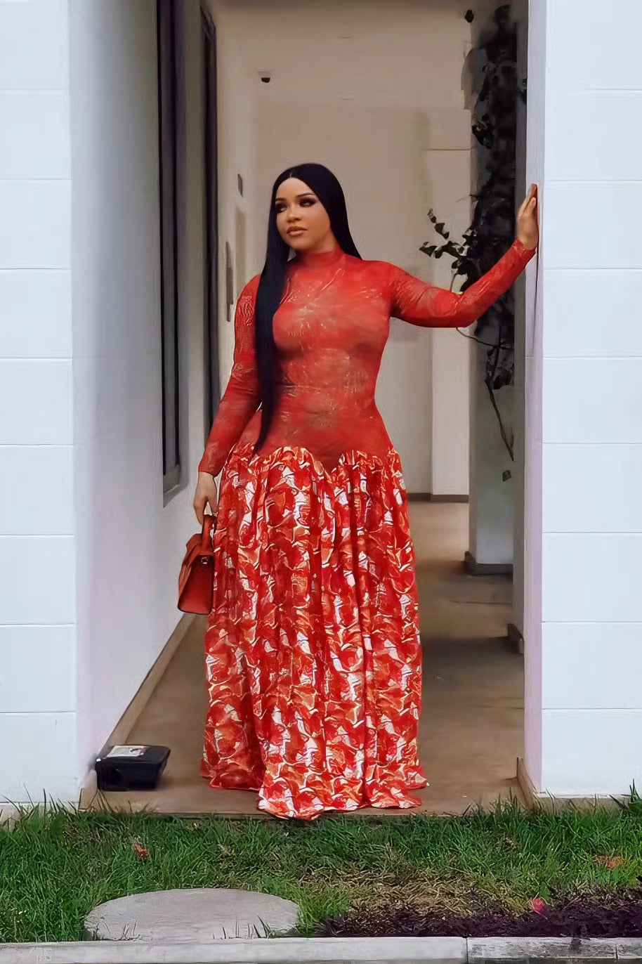 Vibrant Red Sheer Floral Maxi Dress