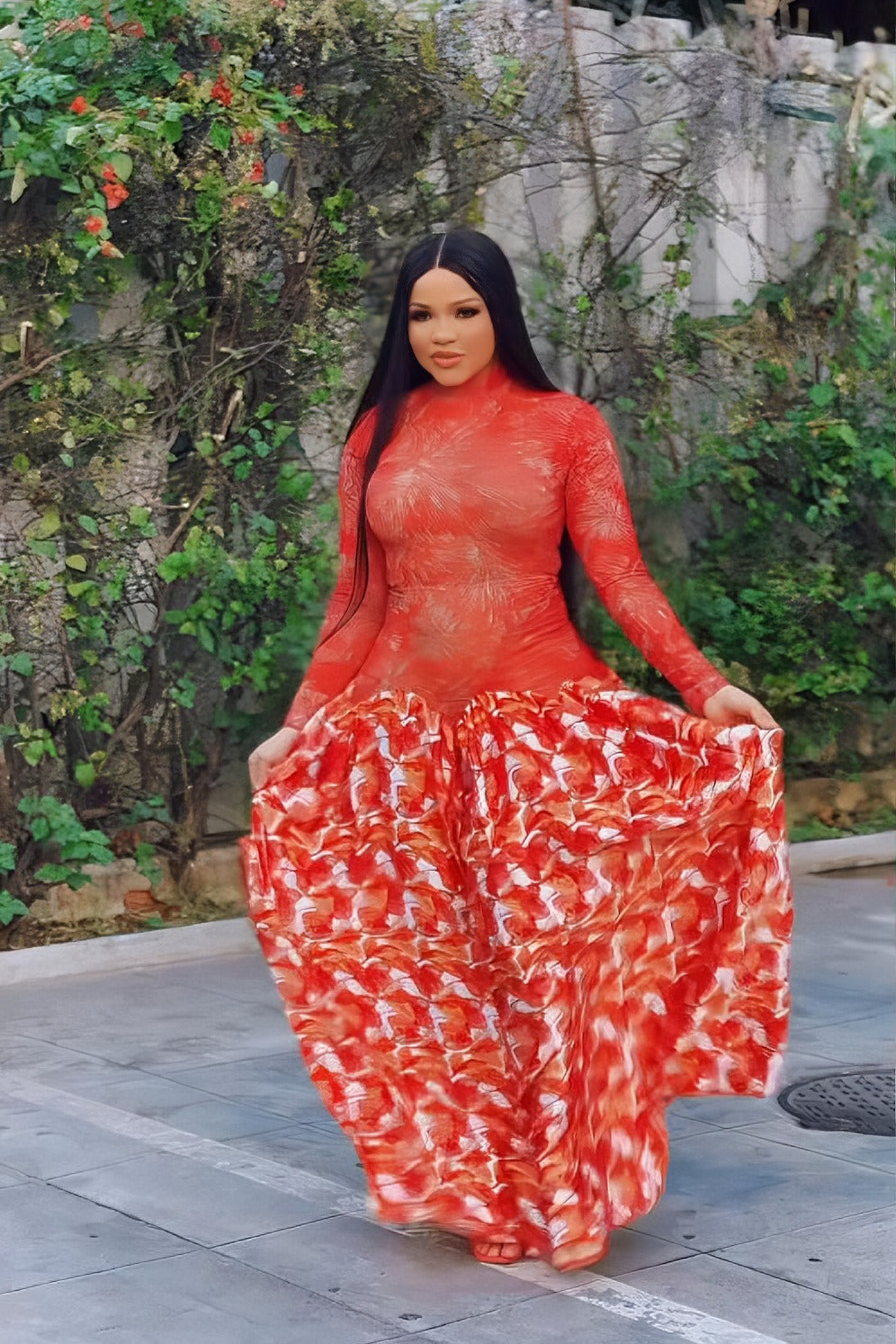 Vibrant Red Sheer Floral Maxi Dress