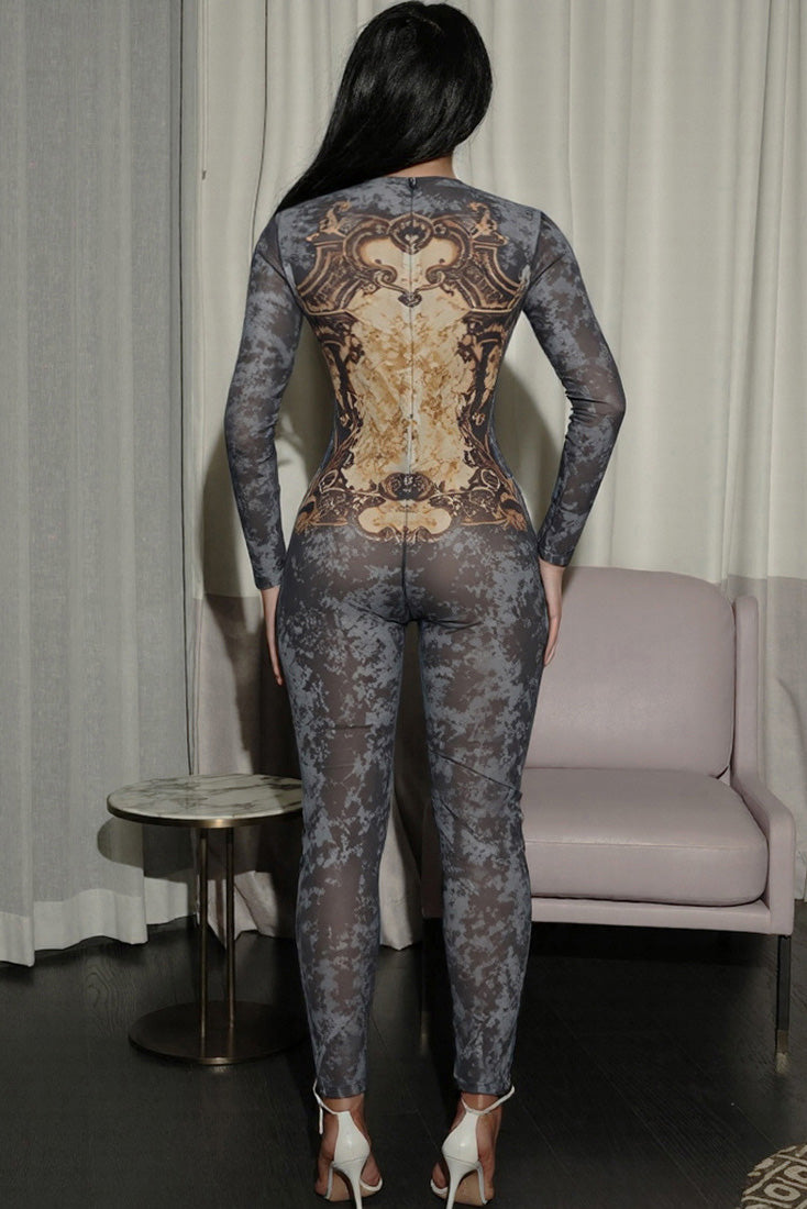 Edgy barokk kamuflasje gjennomsiktig jumpsuit