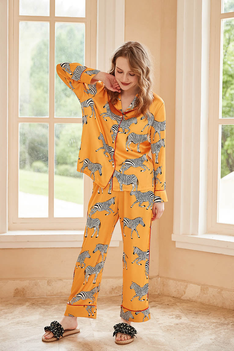 Zebra Print Long Sleeve Loungewear Set - Yellow