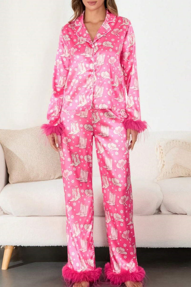 Boot & Feather Print Satin Pajama Set