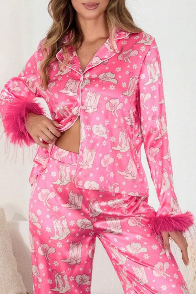 Boot & Feather Print Satin Pajama Set