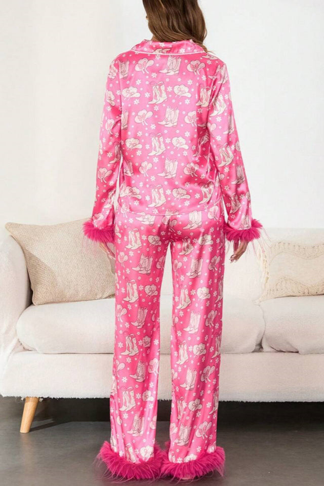 Boot & Feather Print Satin Pajama Set