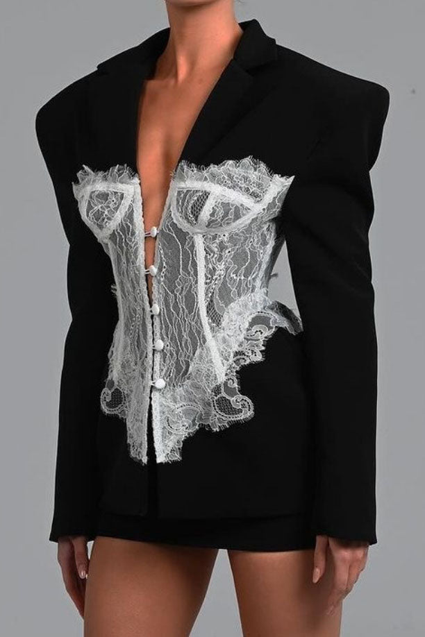 French Lace Cinch Blazer Mini Dress