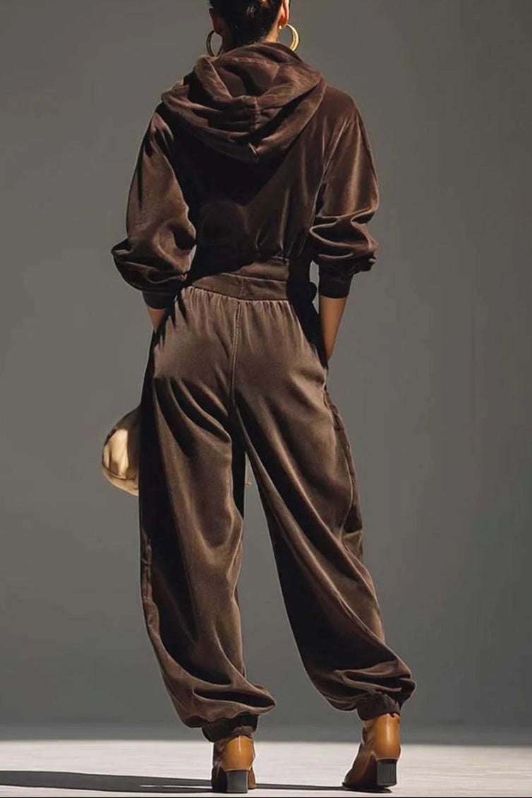 Set vintage din catifea maro format din hanorac și pantaloni largi (include curea)